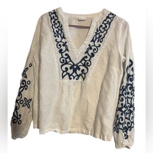 LASCANA Women's White Long Sleeve Shirt with Blue Embroidered Detail Size Small